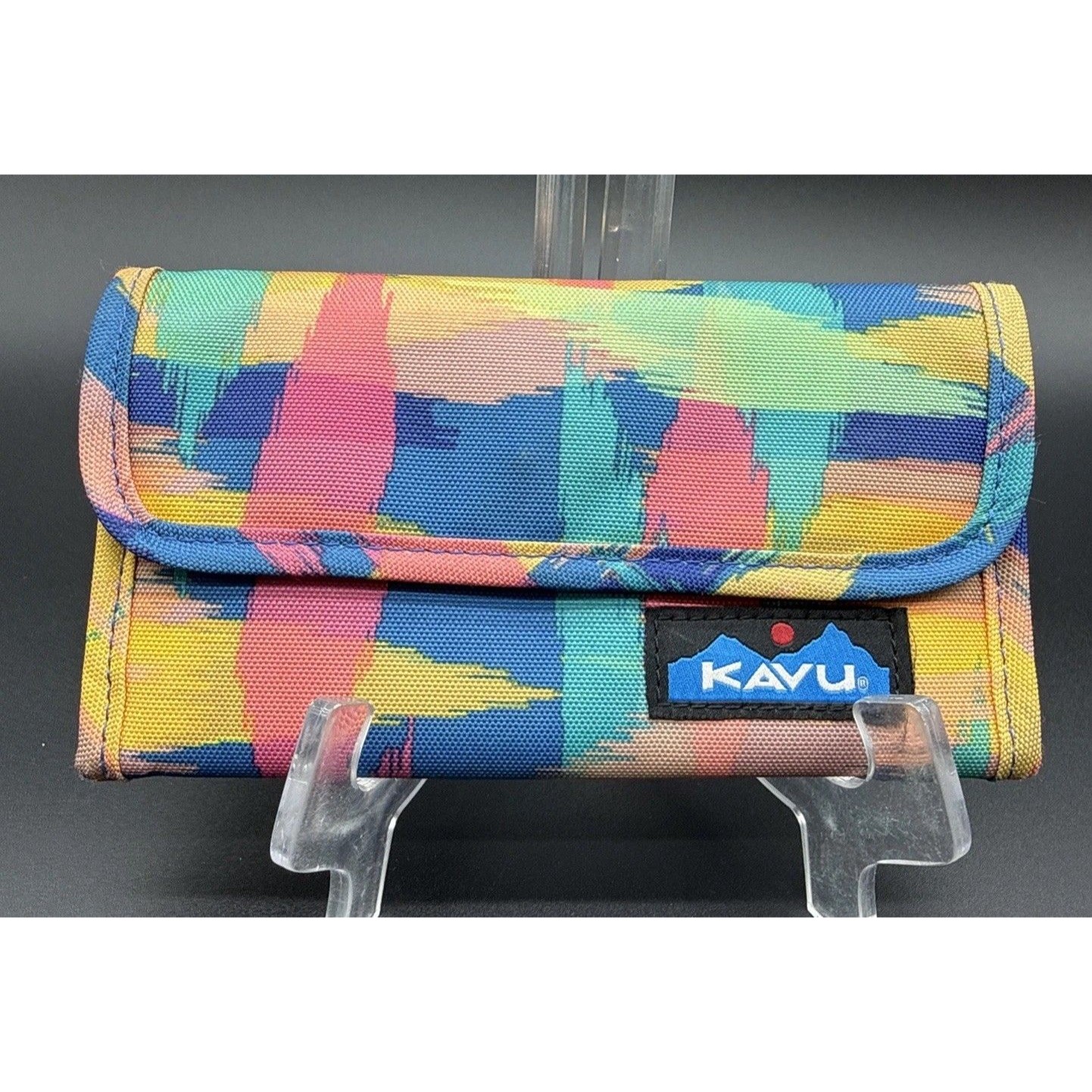 Kavu Big Spender Canvas Tri-Fold Wallet Green Yellow Tie Dye Magnetic Snap Logo